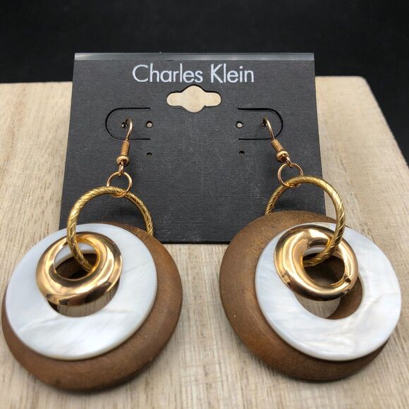 Charles Klein Earrings MOP Mother of Pearl Wood Gold Tone Boho Drop Disc Dangles - Picture 5 of 6